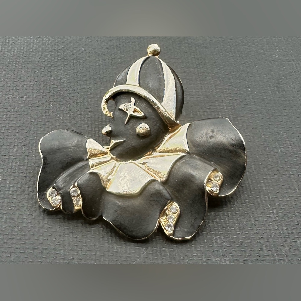Vintage Crying Clown Matte Black and Metalic Gold Finish Brooch Pin